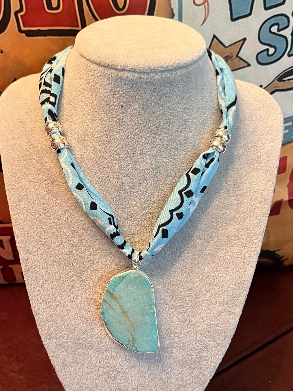 Handmade Sky Blue Turquoise Pendant Necklace, Boho Style